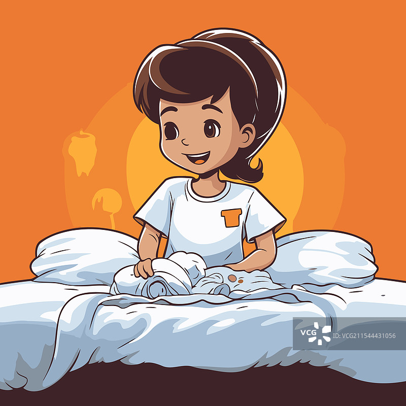 可爱的小男孩在床上的卡通角色图片素材