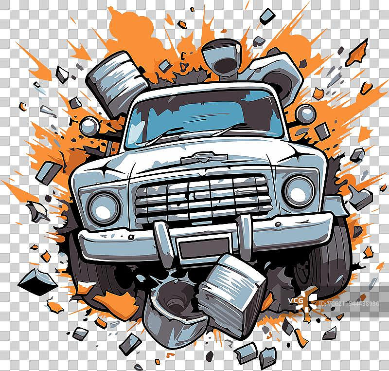 一辆复古汽车在爆炸碎片的背景下图片素材