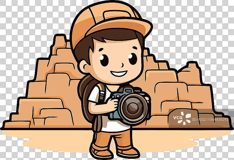 一个拿着相机的小男孩和一面石墙图片素材