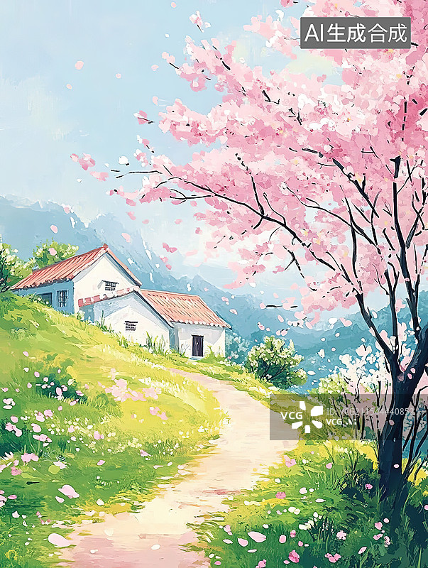 【AI数字艺术】立春主题插画春天粉色桃花盛开的乡村中式古朴小屋插画图片素材