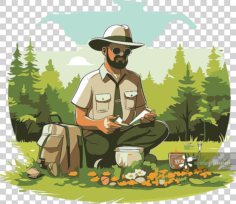 一个戴着帽子、背着背包的男人正坐着图片素材