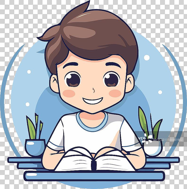 可爱的小男孩在阅读一本书的卡通角色图片素材