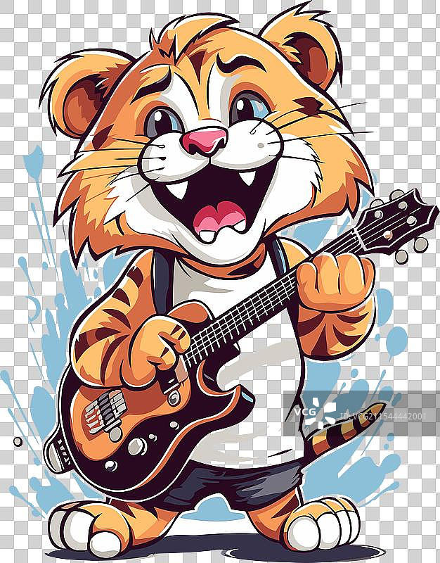 一只可爱的卡通老虎在弹吉他，背景为纯色。图片素材