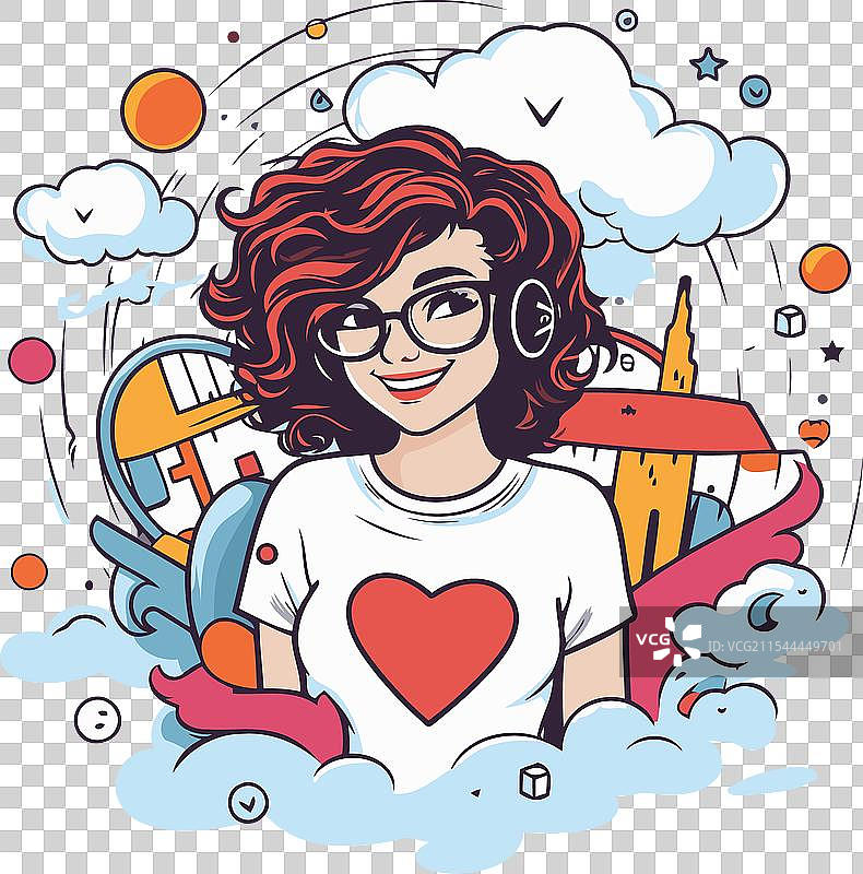 可爱的女孩，长卷发，戴着眼镜图片素材