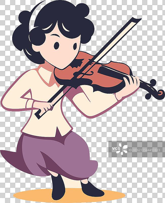 可爱的卡通女孩在公寓里拉小提琴图片素材
