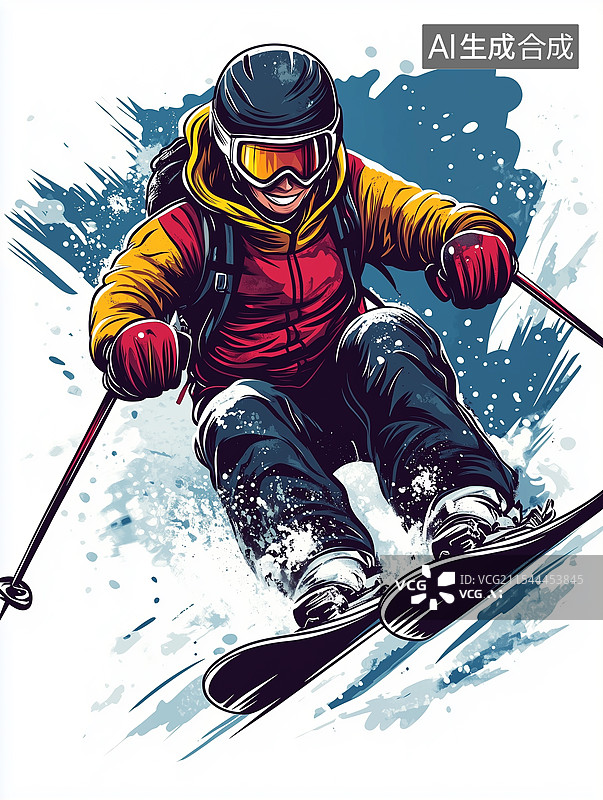 【AI数字艺术】冬天高山双板滑雪运动涂鸦插画图片素材