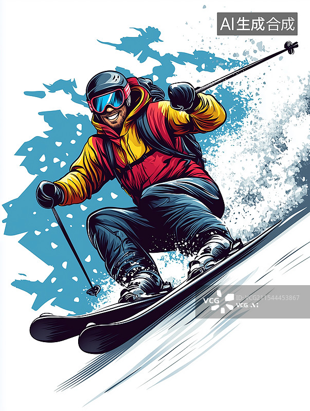 【AI数字艺术】冬天高山双板滑雪运动涂鸦插画图片素材