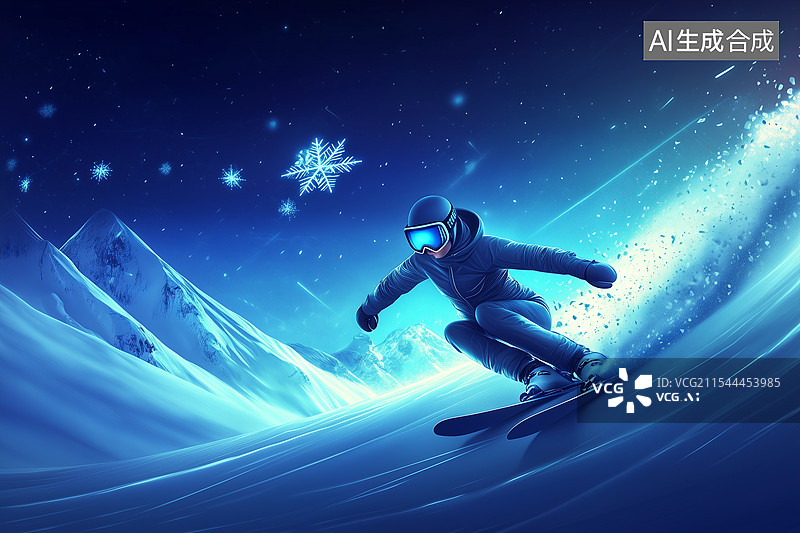 【AI数字艺术】冬天高山双板滑雪运动科技感插画图片素材