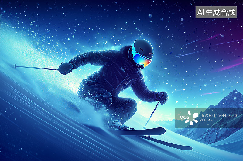 【AI数字艺术】冬天高山双板滑雪运动科技感插画图片素材