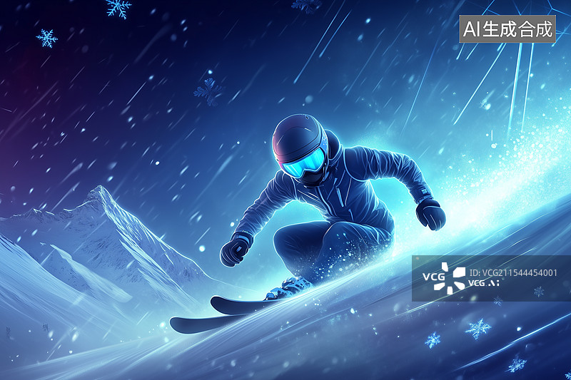 【AI数字艺术】冬天高山双板滑雪运动科技感插画图片素材