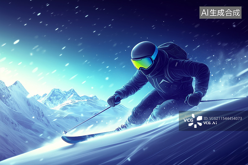 【AI数字艺术】冬天高山双板滑雪运动科技感插画图片素材