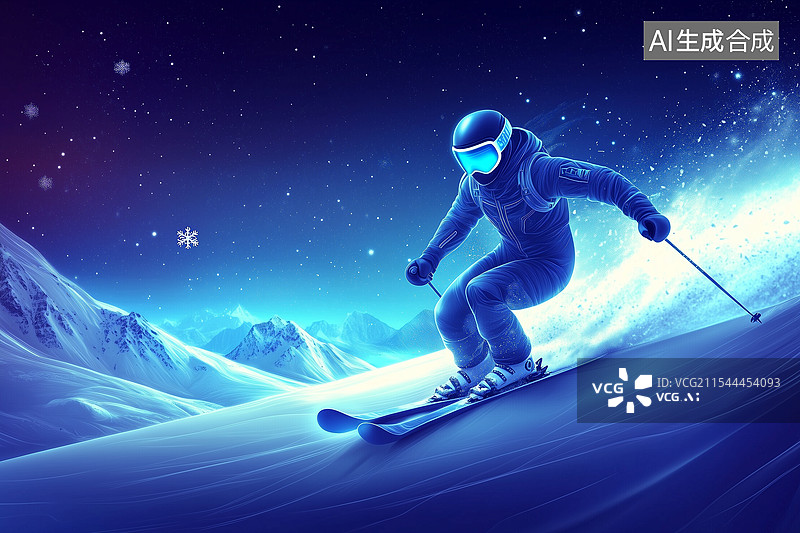 【AI数字艺术】冬天高山双板滑雪运动科技感插画图片素材