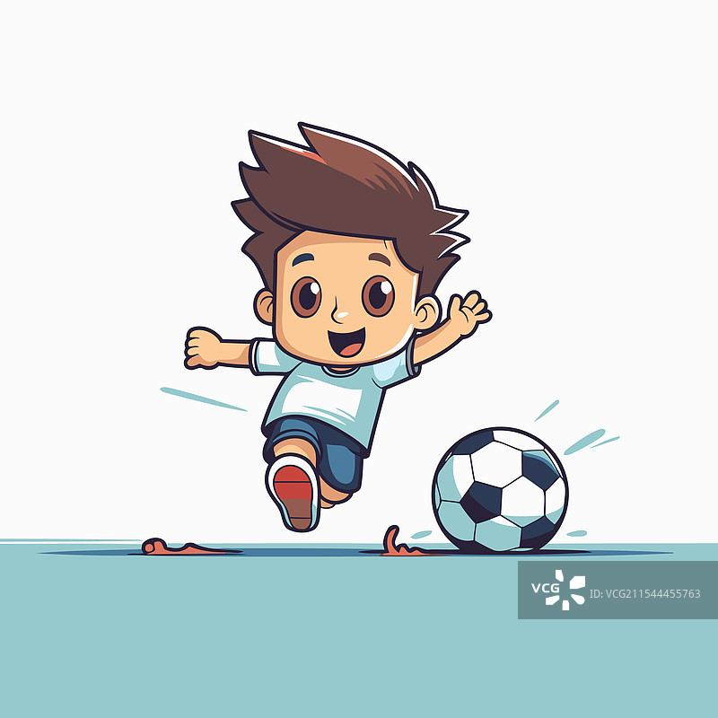 小男孩在孤立的背景上踢足球的卡通形象图片素材