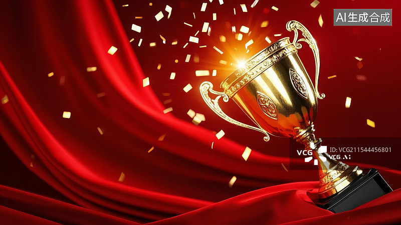 【AI数字艺术】金色的奖杯在红色背景里图片素材