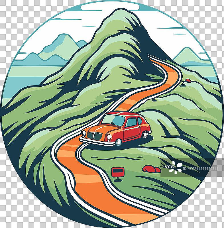 复古风格的汽车在山路上行驶图片素材