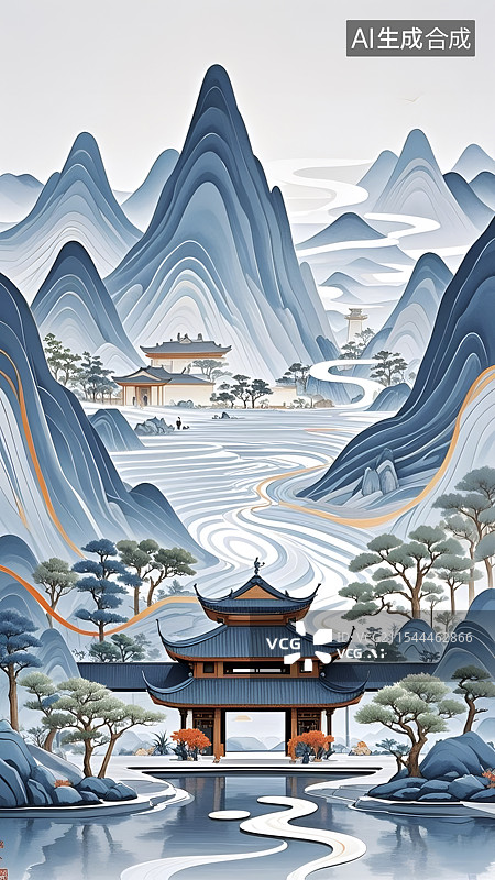 【AI数字艺术】国风山水古建筑背景图片素材