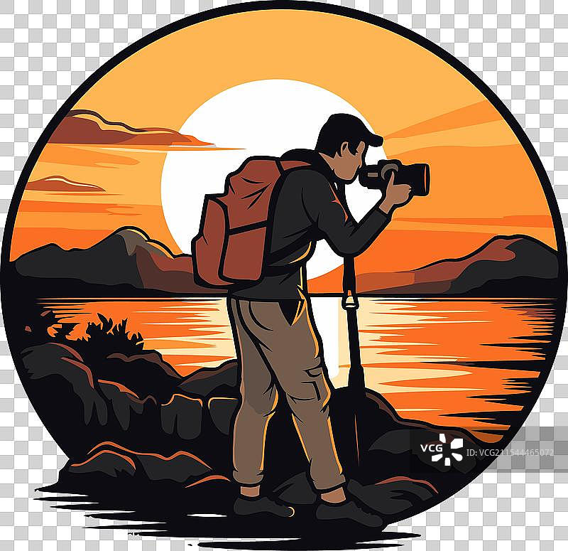 日落时在白色背景下的摄影师与相机图片素材