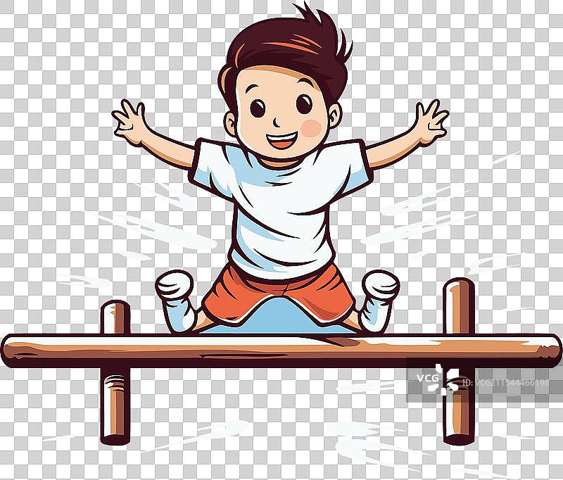 小男孩在蓝色背景上跳跃的跷跷板上图片素材