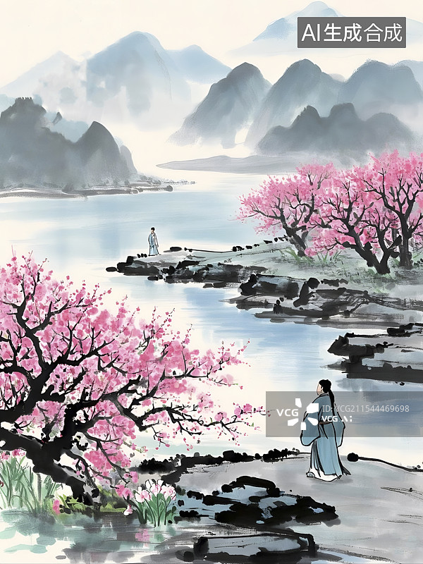 【AI数字艺术】桃花潭水深千尺不及汪伦送我情图片素材