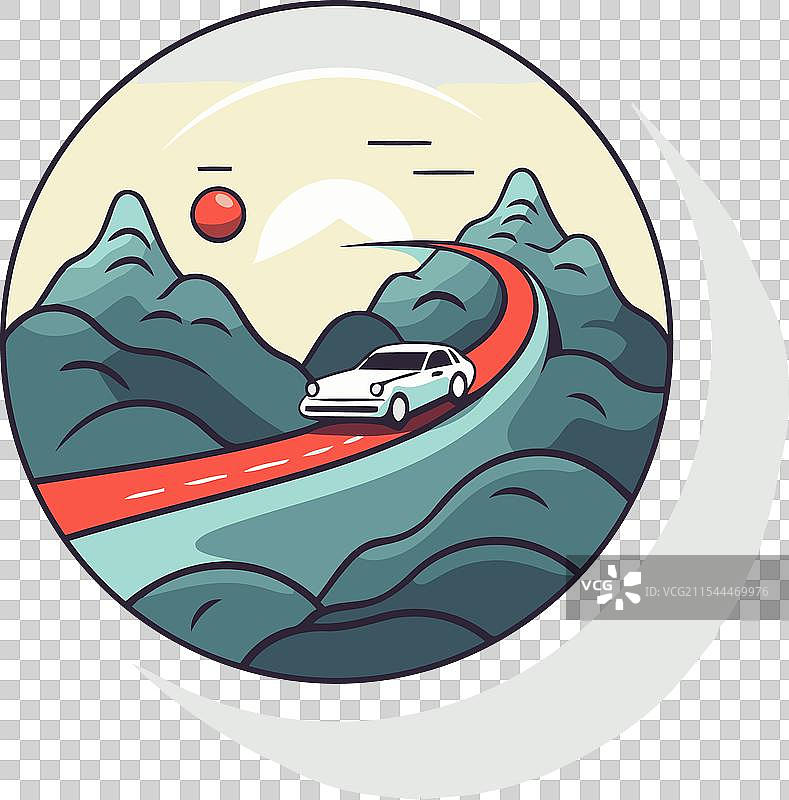 平面卡通风格的山路圆形贴纸图片素材