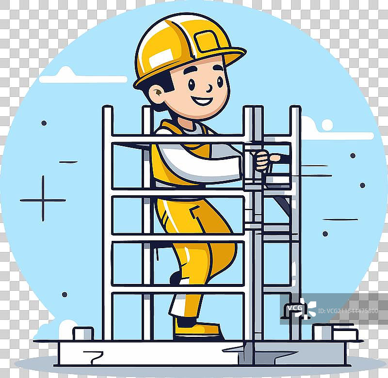 平面风格建筑中的工人在梯子上工作图片素材
