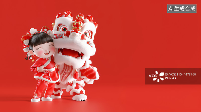 【AI数字艺术】3D春节新年人物女孩少女福娃与舞狮拜年贺岁喜庆吉祥积极卡通红色国风背景图片素材