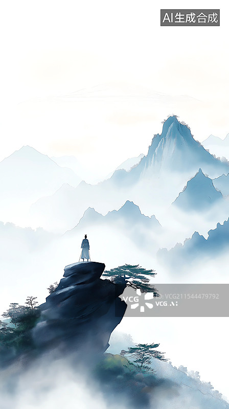 【AI数字艺术】传统中国风山水画——一个人站在山上眺望远处云雾缭绕的群山图片素材