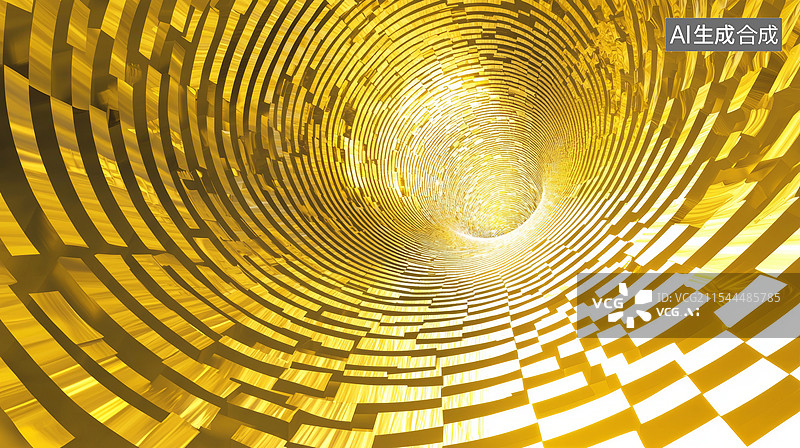 【AI数字艺术】3D抽象闪亮黄金色格子螺旋隧道高级感华丽未来人造空间商务时尚科技海报插画虚拟现实大气金融曲线艺术背景图片素材