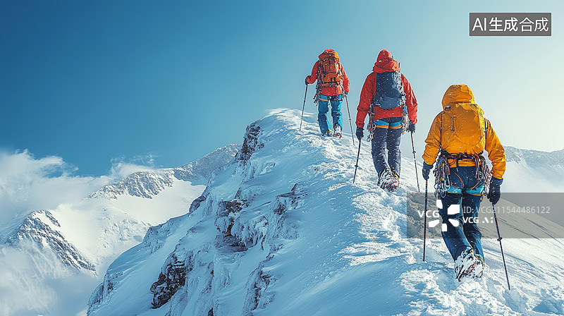 【AI数字艺术】在雪山上行走的登山队图片素材
