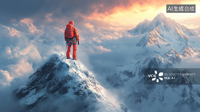 【AI数字艺术】穿着专业登山装备的探险者站在雪山之巅图片素材