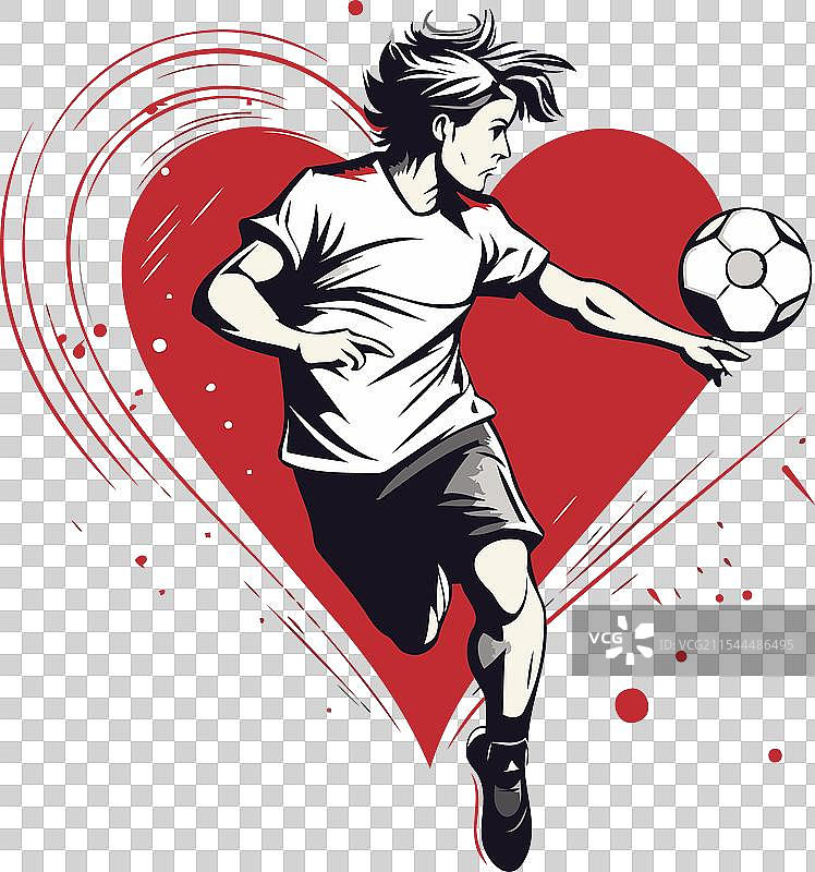 手绘的足球运动员与球和心形手势图片素材