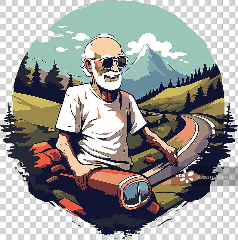 一位老年男子坐在山路上，手里拿着一个图片素材