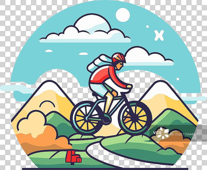 骑自行车的人在白色背景上骑山地车，采用扁平风格。图片素材