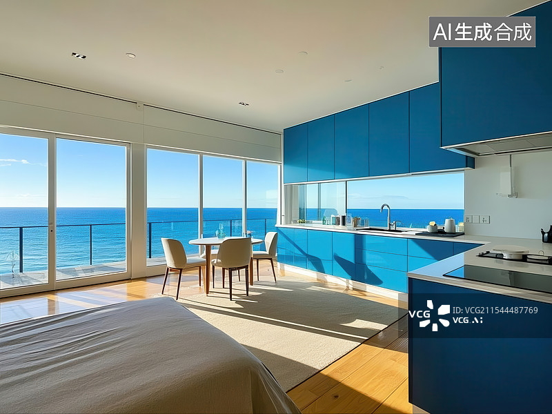 【AI数字艺术】海景公寓客厅全景与海天一色图片素材