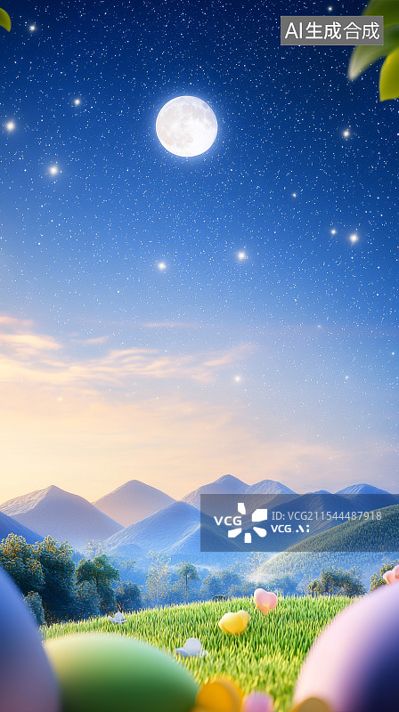 【AI数字艺术】月亮满月下的山峰，中秋节元宵节背景图片素材