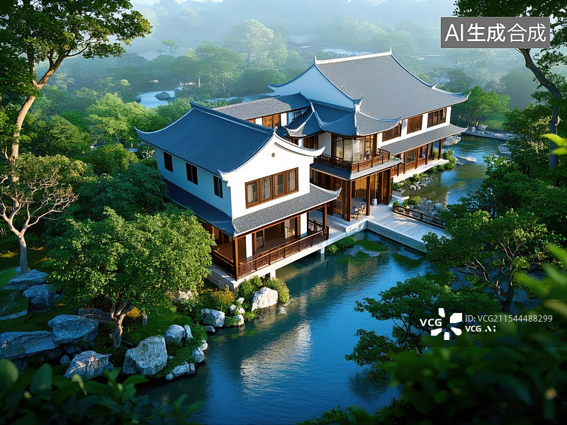 【AI数字艺术】中式园林的日出之美，清晨的江南私家园林图片素材