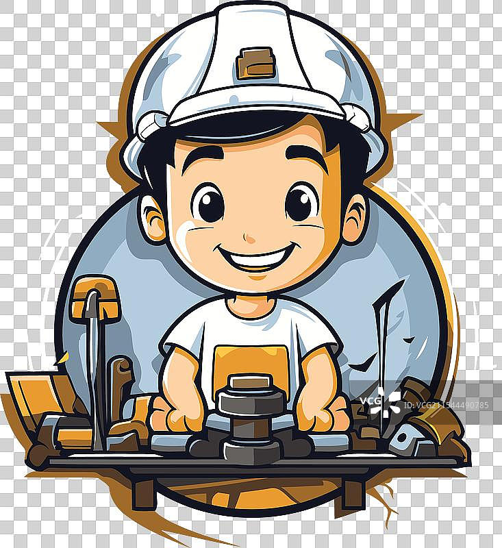 一个可爱的卡通男孩在铣床上工作图片素材