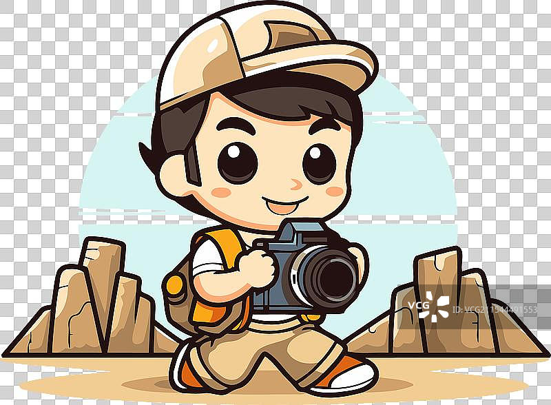 可爱男孩在岩石上拿着相机图片素材