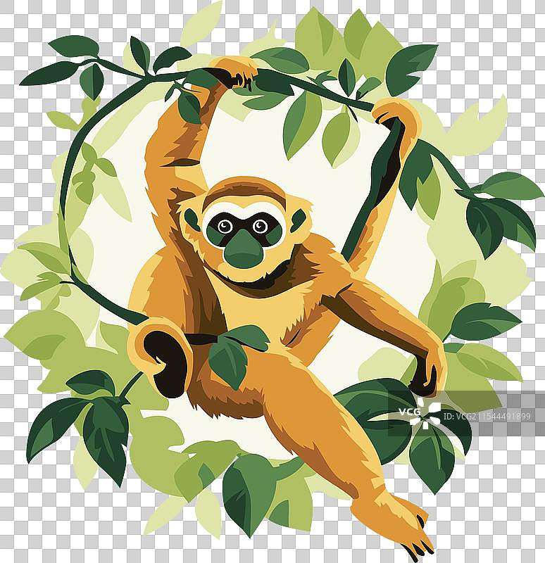 卡通风格的长臂猿在树上攀爬图片素材