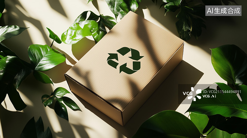 【AI数字艺术】带有绿色回收标志的纸箱置于繁茂绿叶间，光影洒落，凸显环保主题图片素材
