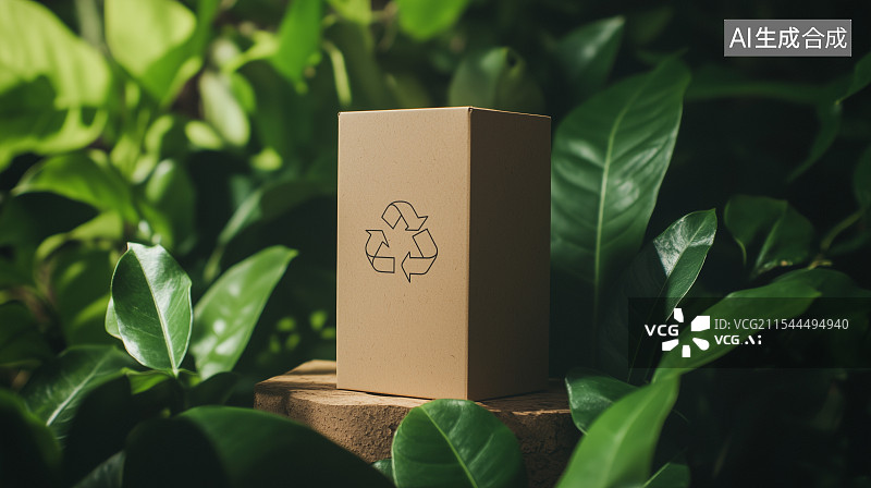 【AI数字艺术】印有回收标志的纸箱立于绿植间桌面上，被柔和光线照亮，传达环保理念图片素材