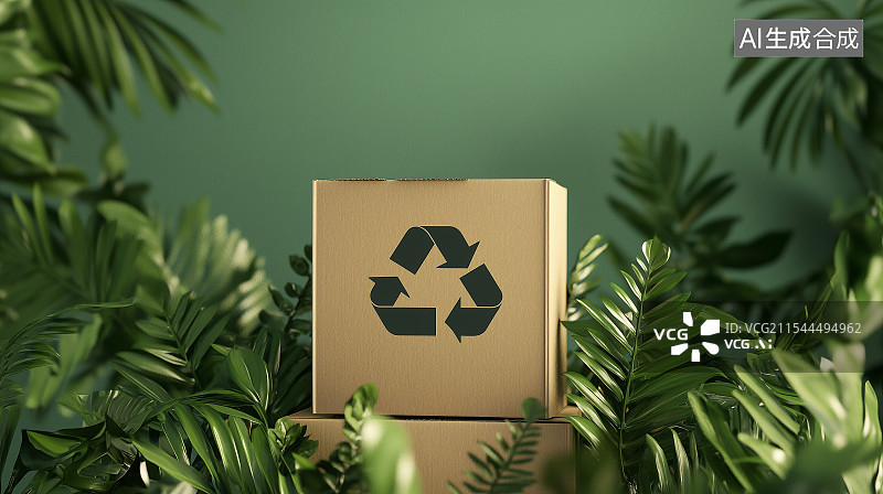 【AI数字艺术】印有回收标志的纸箱立于绿植间桌面上，被柔和光线照亮，传达环保理念图片素材