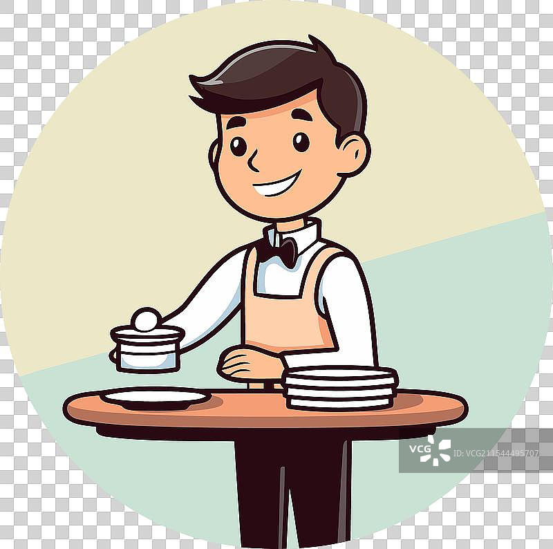 卡通风格的服务员在桌子旁上菜图片素材