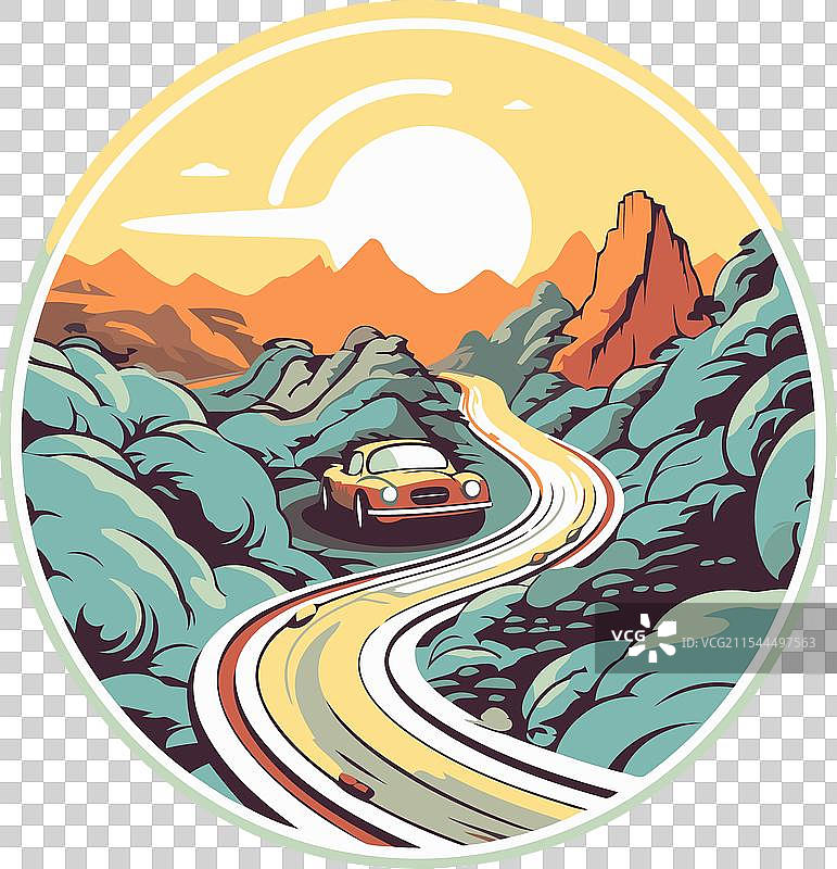 复古风格的山路与汽车的视角图片素材