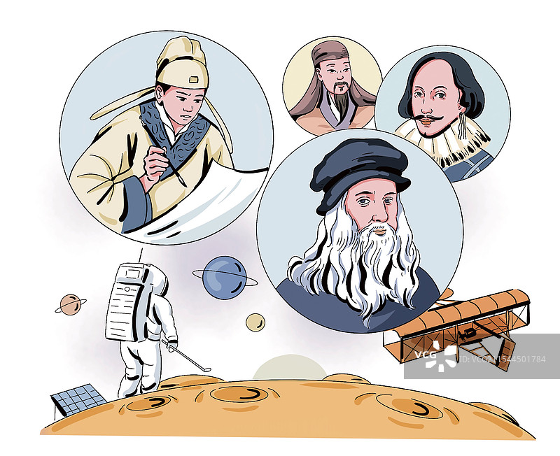 彩色插画 达芬奇 明朝 同一时代 唐伯虎 文艺复兴  登月 飞机 飞行 话剧 对比历史 故事图片素材
