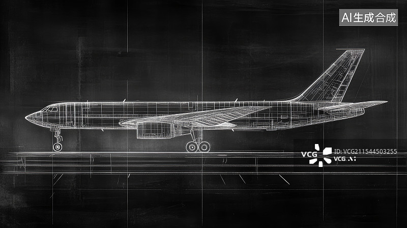 【AI数字艺术】黑色背景飞机线框图图片素材