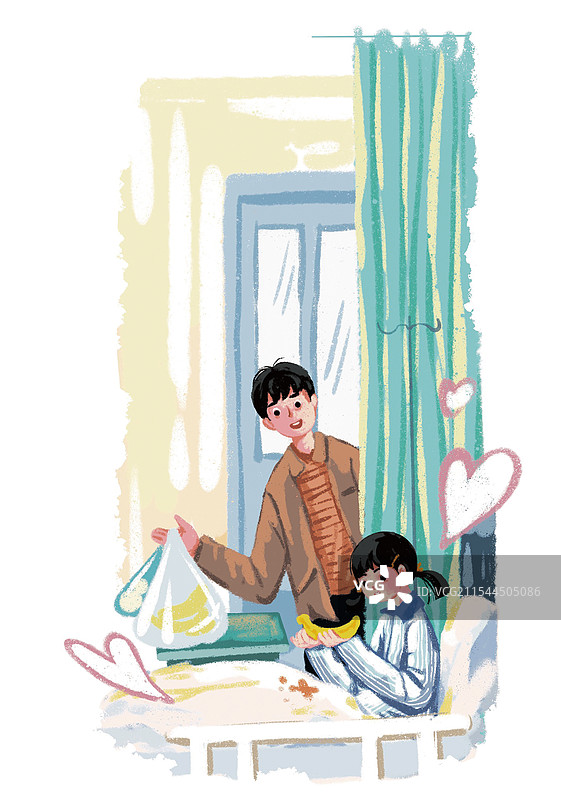 彩色插画 病房住院  医院 爸爸 关爱 关心 呵护 水果 香蕉 女孩 女儿图片素材
