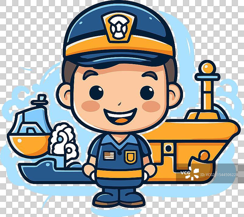 可爱的水手男孩与船和小艇的卡通画图片素材