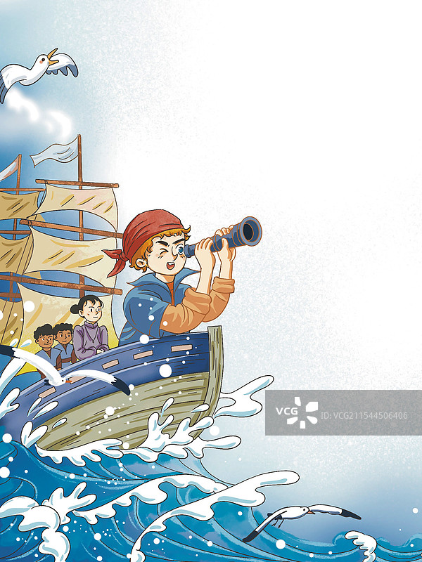 彩色插画 水手 舵手 望远镜 观看 观察 帆船 海上 行驶 大海 海洋 漫画 欧美图片素材