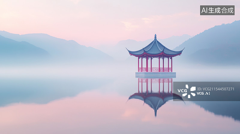 【AI数字艺术】湖面倒影中的传统亭台图片素材
